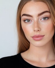Fototapeta premium Close-up portrait of an Australian model with freckles and soft makeup showcasing elegance and confidence against a minimalistic white backdrop for a beauty editorial