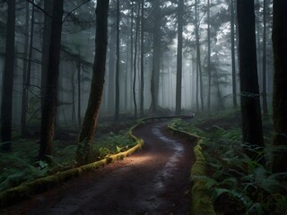 Obraz premium Misty Forest Path Magical Woodland Trail Foggy Woods Walk