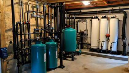 Industrial water treatment system featuring PVC pipes, valves, and connections in a boiler room AI Generated
