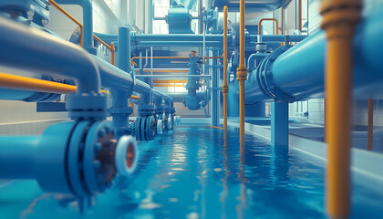 Industrial water treatment system featuring PVC pipes, valves, and connections in a boiler room AI Generated