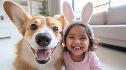 Toddler girl wearing bunny ears laughing with a joyful corgi in a cozy living room. Concept of Easter fun, pet bonding, and childhood joy.