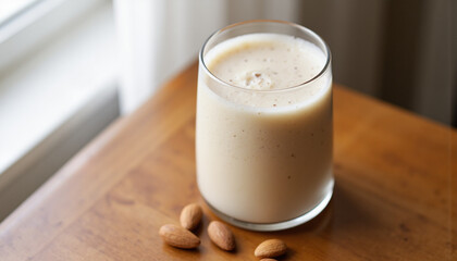 Creamy almond milk smoothie on wooden table, fresh and healthy drink