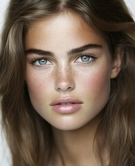 Obraz premium Close-up portrait of an Australian model showcasing natural beauty with light brown hair and freckles in a minimalist setting