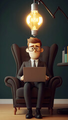 Innovative 3D cartoon businessman seated in an armchair with a laptop and lightbulb overhead, symbolizing creative ideas AI Generated
