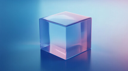 A sleek transparent glass cube sits on a smooth gradient background, representing modern design, minimalism, and futuristic aesthetics

