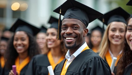 International students in mortar boards, bachelor gowns celebrate graduation. Multicultural crowd of happy young graduates with diplomas. Black african man in focus. University, college degree,