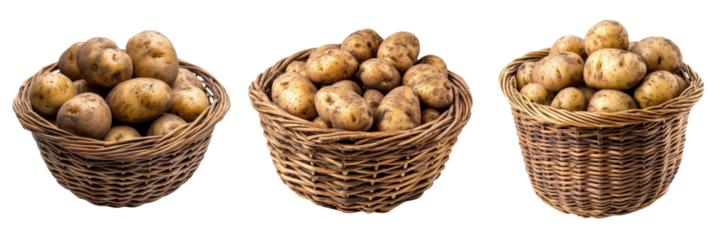 A Set of Vintage Woven Baskets Filled with Irish Potatoes Isolated on Transparent Background