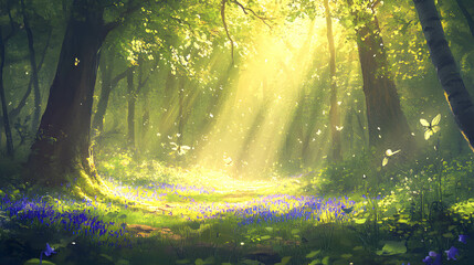 Obraz premium Enchanted Forest Path with Sunlight and Wildflowers in Bloom