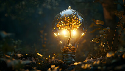 Innovative eco-energy concept: a growing tree within a glowing light bulb, merging nature and technology AI Generated