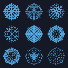 Snowflake simple blue line icons, snow vector set, Snowflake symbols. Snow icon. Christmas icon set. Vector illustration