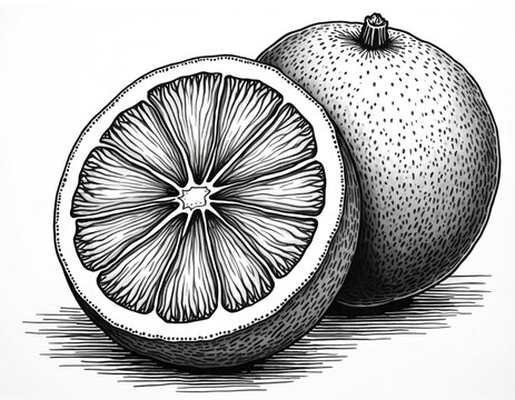 Engraved illustration of half cutted citrus, whole grapefruit on background. Juicy orange drawing in black lines. Slice of fruit with seeds, healthy food ingredient for juice. Exotic vegetarian