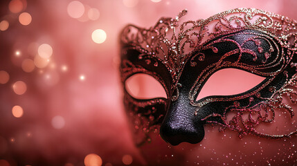 Elegant masquerade mask on glittering pink background for festive celebrations and event invitations