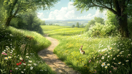 Obraz premium Serene Pathway through Lush Meadow with Rabbit and Blooming Flowers