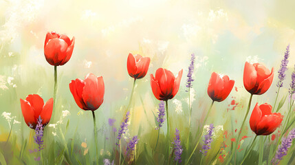 Obraz premium Vibrant Red Tulips with Soft Background and Lavender Blossoms