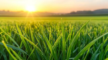Obraz premium Fresh Green Grass with Dew Under Sunrise in a Serene Landscape