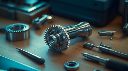 Small steel gear on engineering blueprints with industrial tools