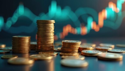 Gold coins stack against a backdrop of rising stock chart. It depicts investment growth financial performance and savings. It can symbolize stable financial income and business success.