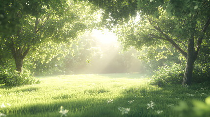 Obraz premium Sunlight Filtering Through Lush Green Trees in Peaceful Forest Scene