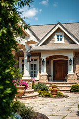 Fototapeta premium Luxury Home Exterior: Brick Facade, Landscaping, and Elegant Design