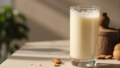 Almond milk smoothie in glass on stone countertop, peaceful ambiance