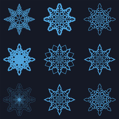 Set of different snowflakes isolated on Deep blue background. Macro photo of real snow crystals. Snowflake symbols. Snow icon. Christmas icon set. Vector illustration