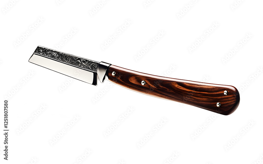 Poster a high-quality straight razor with a wooden handle on a white empty plain background