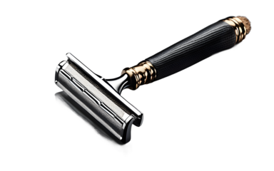 A high-quality straight razor with a wooden handle on a white empty plain background