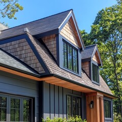 Modern home with eco friendly roofing and wooden accents