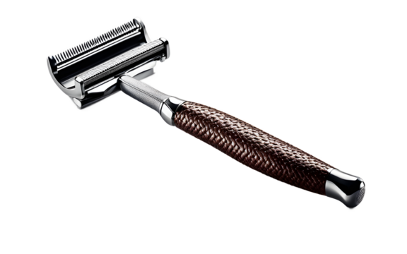 A high-quality straight razor with a wooden handle on a white empty plain background