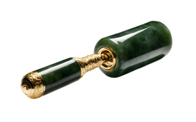A luxurious jade roller with a gold handle on a white empty plain background