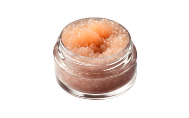 A luxurious sugar lip scrub in a small round container on a white empty plain background