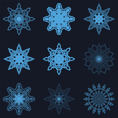 Snowflakes thin line icon set such as pack of simple snowflake set, snowflake, snowflakes icons for report, presentation, diagram, web design. Christmas icon set. Vector illustration.