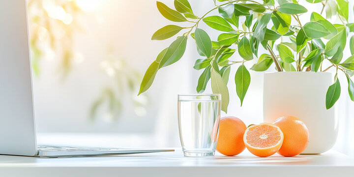 A well-lit ergonomic office workspace includes a laptop, a glass of water, and fresh split oranges placed beside a green potted plant, promoting a healthy work environment