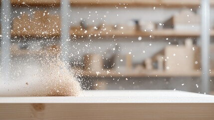 Close-up of sawdust flying as wood is cut in a workshop, showcasing carpentry precision and craftsmanship.