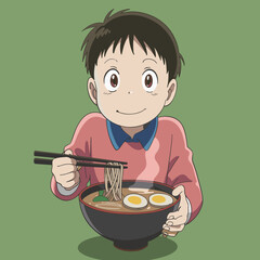 Anime-Style Boy Eating Ramen