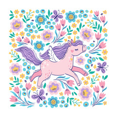 Hand drawn vector square frame. Cute unicorn among fantasy flowers. Bright illustration in pastel colors for design children's room, clothing, nursery, poster poster on white background