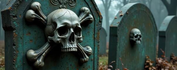 Skulls and crossbones adorn ancient weathered tombstones, weathered stone, darkness, crumbling