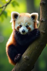 Obraz premium Adorable panda cub perched on tree branch, front view, cute, wild, fluffy fur