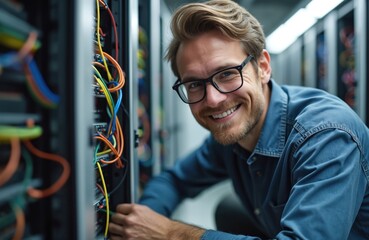 Smiling IT technician works with hardware, connects colorful cables in server room. Engineer configures equipment in datacenter. Pro maintenance, cloud computing, big data solutions.