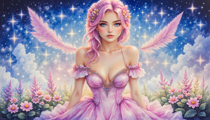 Elegant fairy with pink wings amidst blooming flowers, fantasy art