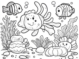 A playful underwater scene featuring cute sea creatures and plants.
