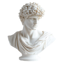 Obraz premium Sculptural bust of a young man with curly hair against a Transparent background showcasing classical artistry, white bust a man with curly hair, PNG background