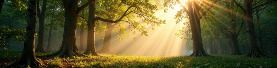 Obraz na płótnie Canvas Sunlit clearing in a beech forest with fog swirling around trees, light, beech