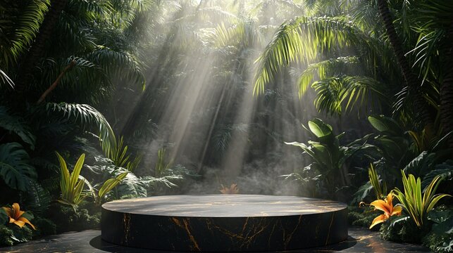 Luxury Stone Podium in Tropical Rainforest with Lush Greenery and Soft Mist. Copy space. Generative AI