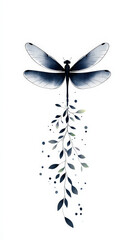 A delicate dragonfly hovers just above the water's surface, depicted in soft pastel blue and green tones. The minimalistic style emphasizes tranquility and nature’s beauty