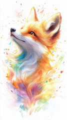 A striking watercolor illustration showcases a fox with fiery orange fur, gazing directly at the viewer