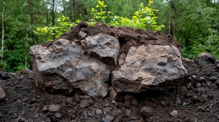 Fototapeta premium Large rocks in soil, forest background, excavation site