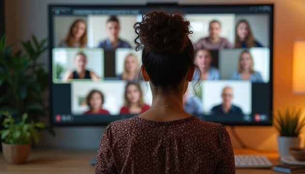Woman attends virtual meeting from home office with online collaboration. Lady views video conference on screen. Digital communication tech shows team connection. Remote work style with people