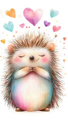Obraz premium Watercolor illustration features a hedgehog curled up, showcasing soft brown and cream hues. This high-resolution art piece highlights a charming and peaceful animal design
