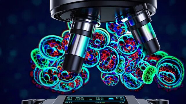 Colorful Microscopic View of Cells Under a Scientific Microscope